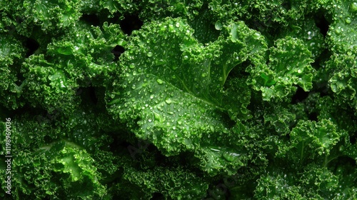 Close-up of vibrant green leafy kale with water droplets on lush textured surface against a blurred natural background with ample empty copy space. photo