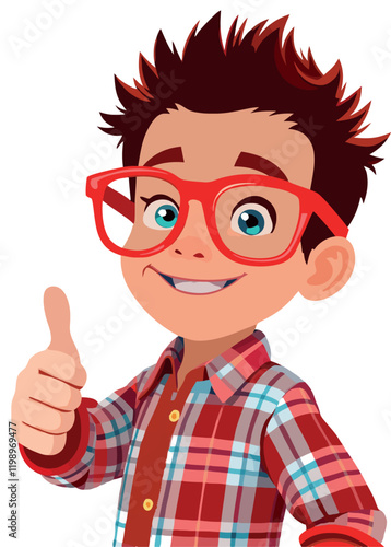 Smiling boy with red glasses showing thumbs up sign