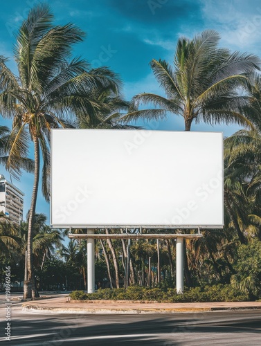 Blank white mockup large billboard sign palm trees advertising board template street marketing tropical building sky signage beach coastal road empty design promo tropical sea town hot summer carpark photo