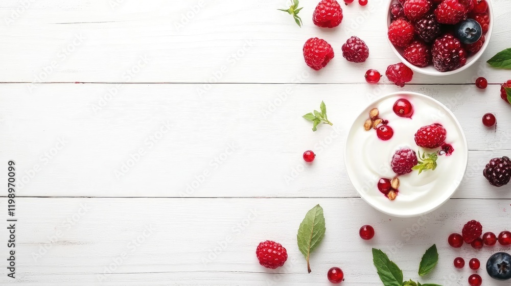 Fresh Yogurt with Mixed Berries and Mint Leaves on White Wooden Table with Minimalist Design and Blank Space for Text or Branding Fresh Yogurt with Mixed Berries and Mint Leaves on White Wooden Table with Minimalist Design and Blank Space for Text or Branding