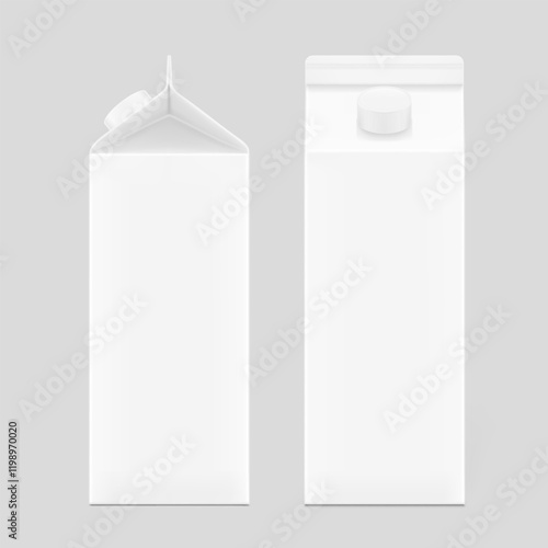 Packaging box with cap for milk, yogurt, juice mockup. Front and side view. Vector illustration isolated on grey background. Ready and simple to use for your design. EPS10.	