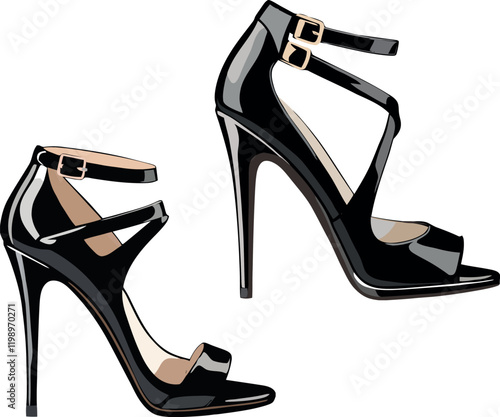 Pair of black patent leather high heel sandals standing on white background