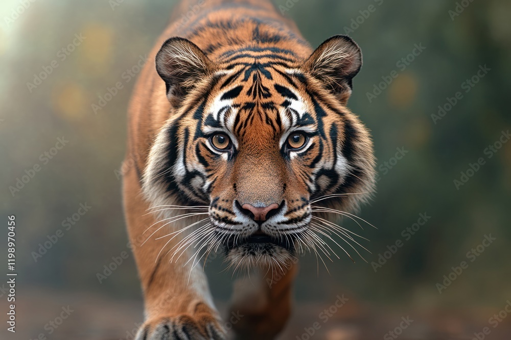 Fototapeta premium Majestic tiger walking through a dense forest showcasing its powerful presence and striking features