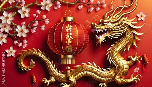 Wallpaper Mural Golden Dragon and Red Lantern: A Festive Chinese New Year Image Torontodigital.ca