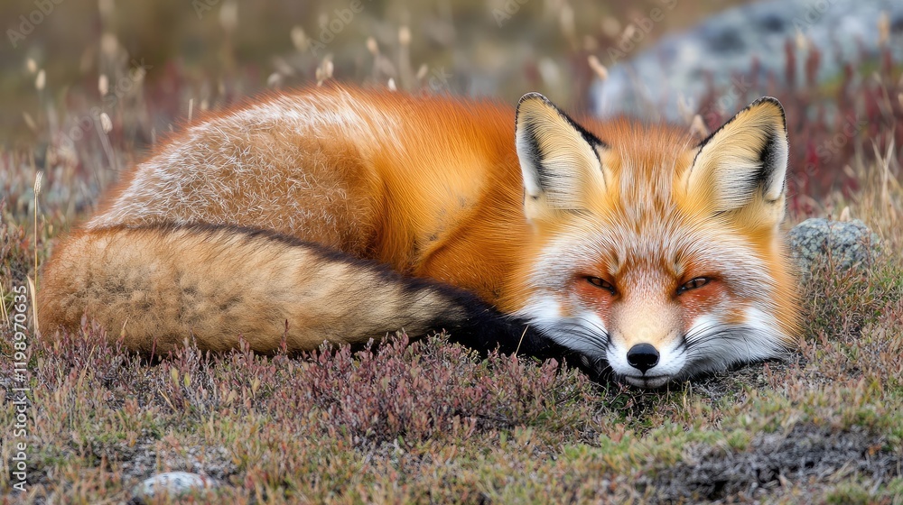 Fototapeta premium Close-up view of a Red Fox resting on lush green grasses with soft brown hues in a serene natural landscape ideal for text placement
