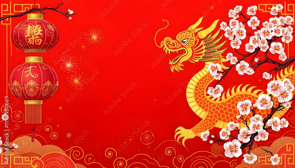 Celebrate Chinese New Year with a Golden Dragon and Lanterns Celebrate Chinese New Year with a Golden Dragon and Lanterns