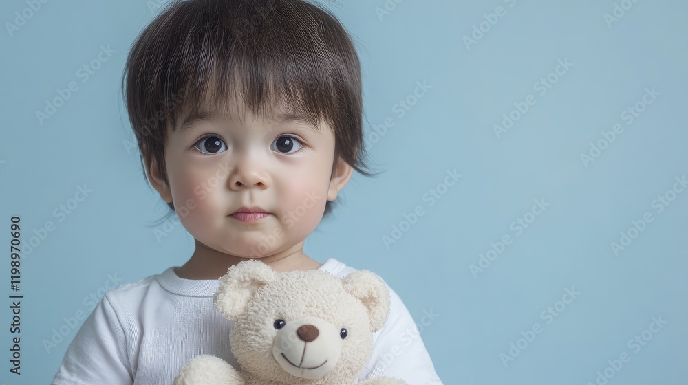 Young child with plush bear against a soft blue background, showcasing nurturing expression and ample empty space for potential text placement. Young child with plush bear against a soft blue background, showcasing nurturing expression and ample empty space for potential text placement.