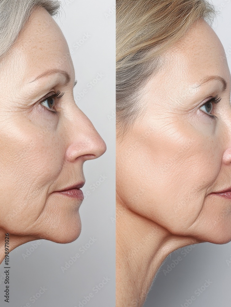 Obraz premium Side-by-side photos showing facial skin sagging and aging lines pre-facelift, and the firm, youthful, smooth results achieved post-procedure