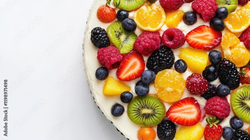 Close-up view of a fresh vanilla cream cake adorned with vibrant assorted fruits including strawberries, blueberries, and kiwi, against a clean white background Close-up view of a fresh vanilla cream cake adorned with vibrant assorted fruits including strawberries, blueberries, and kiwi, against a clean white background