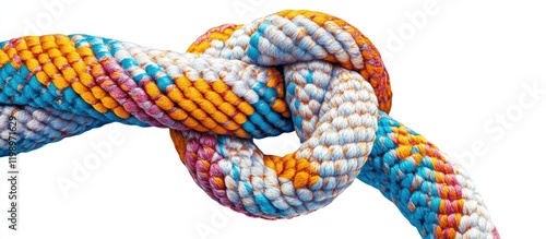 Colorful close-up of a securely tied knot connecting two vibrant ropes on a white background, with space for text and branding elements. photo