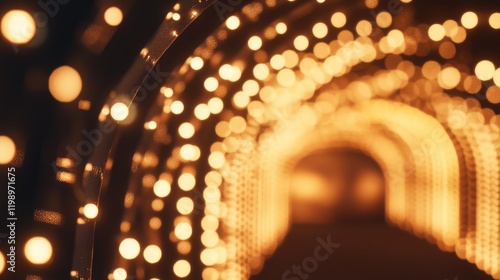 Glowing warm amber lights illuminating a tunnel backdrop with soft bokeh effect and ample blank space for customizable text or branding. photo