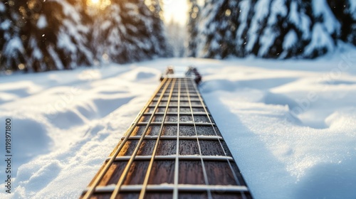 Close up of acoustic guitar fretboard and strings on snow-covered ground with blurred evergreen trees and sunlight in background
