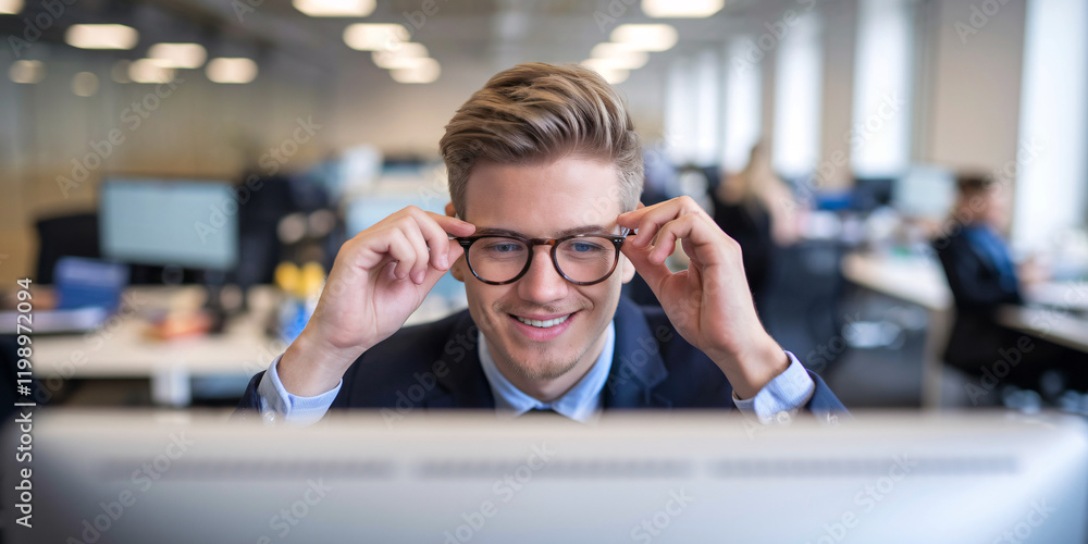 Obraz premium Young Professional Adjusting Glasses in Modern Office Workspace. A young professional in a suit adjusts his glasses while working at a computer in a bright, modern office.
