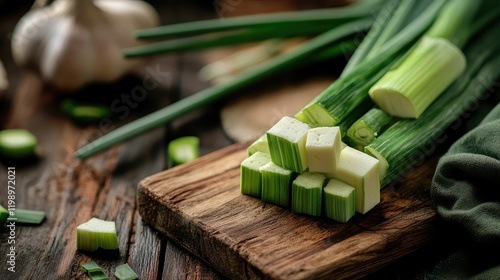 Close up of fresh green leeks and cubed feta cheese on a rustic wooden cutting board with earthy tones and negative space for text.