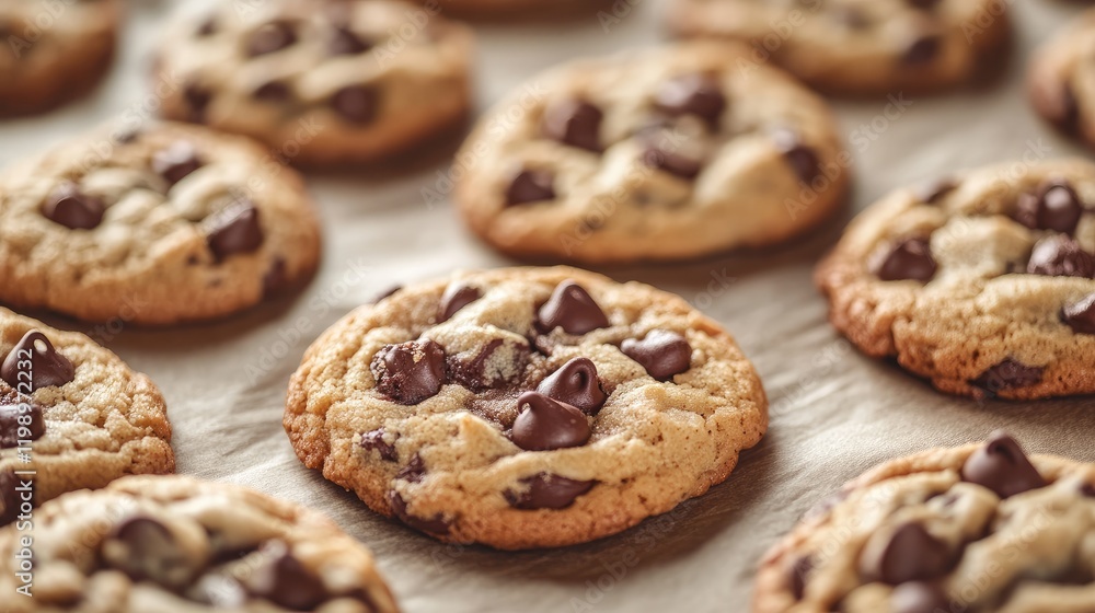 Freshly Baked Chocolate Chip Cookies on Brown Parchment Paper with Soft Focus Background and Empty Space for Text or Branding Freshly Baked Chocolate Chip Cookies on Brown Parchment Paper with Soft Focus Background and Empty Space for Text or Branding