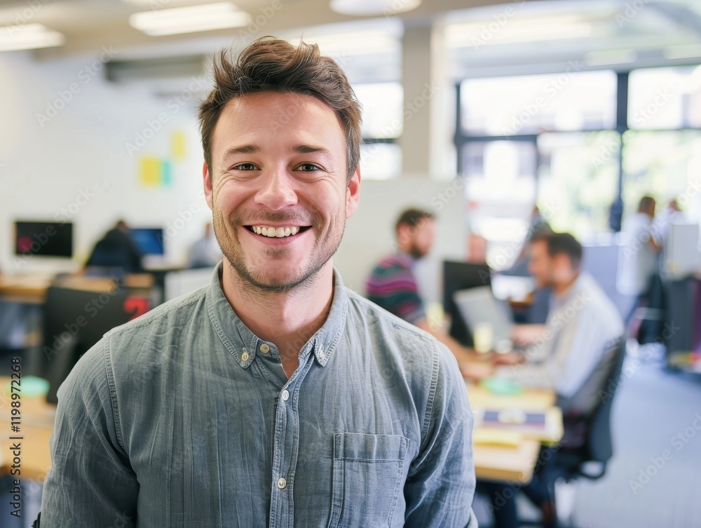 Smiling young man in shirt standing in bright office with colleagues Smiling young man in shirt standing in bright office with colleagues