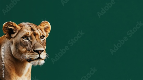 Close up portrait of two majestic African lions on a rich green background with ample negative space for text, showcasing their regal features and expressions. photo