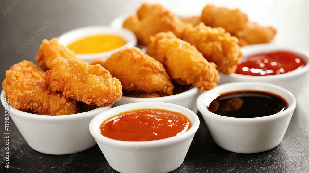 Golden fried chicken nuggets arranged with vibrant spicy dipping sauces in white bowls on a dark stone surface ideal for food photography and culinary design Golden fried chicken nuggets arranged with vibrant spicy dipping sauces in white bowls on a dark stone surface ideal for food photography and culinary design