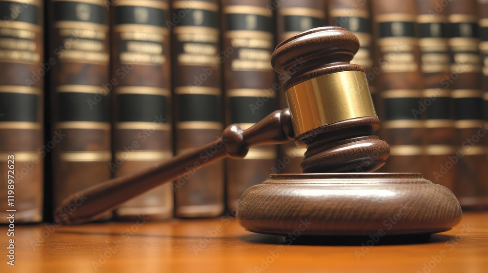 Close Up of Wooden Gavel and Dark Brown Law Books on Polished Wooden Table with Empty Copy Space for Legal Textual Content Close Up of Wooden Gavel and Dark Brown Law Books on Polished Wooden Table with Empty Copy Space for Legal Textual Content