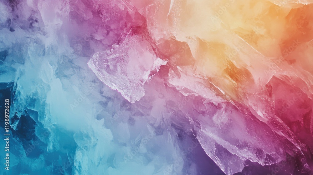 Vibrant close-up of an abstract glacier surface featuring hues of blue, purple, and amber with artistic fractures and ample copy space for text. Vibrant close-up of an abstract glacier surface featuring hues of blue, purple, and amber with artistic fractures and ample copy space for text.