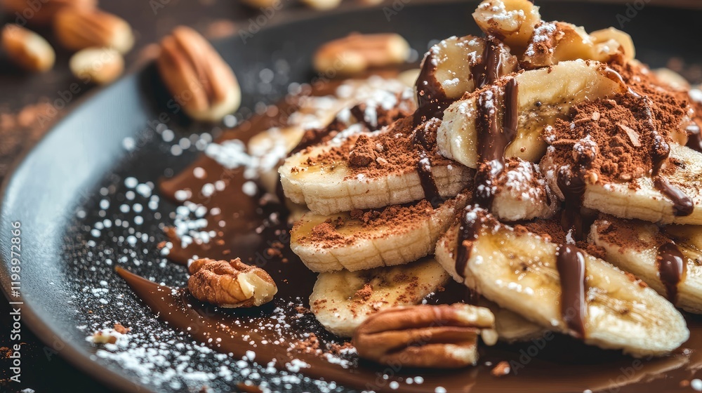 Fried banana slices topped with rich chocolate and caramel dust, garnished with pecans, served on a stylish black plate with a rustic wooden background, featuring empty space for text. Fried banana slices topped with rich chocolate and caramel dust, garnished with pecans, served on a stylish black plate with a rustic wooden background, featuring empty space for text.