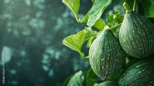 Close-up of Green Pointed Gourds with Glossy Skin Against Dark Background photo