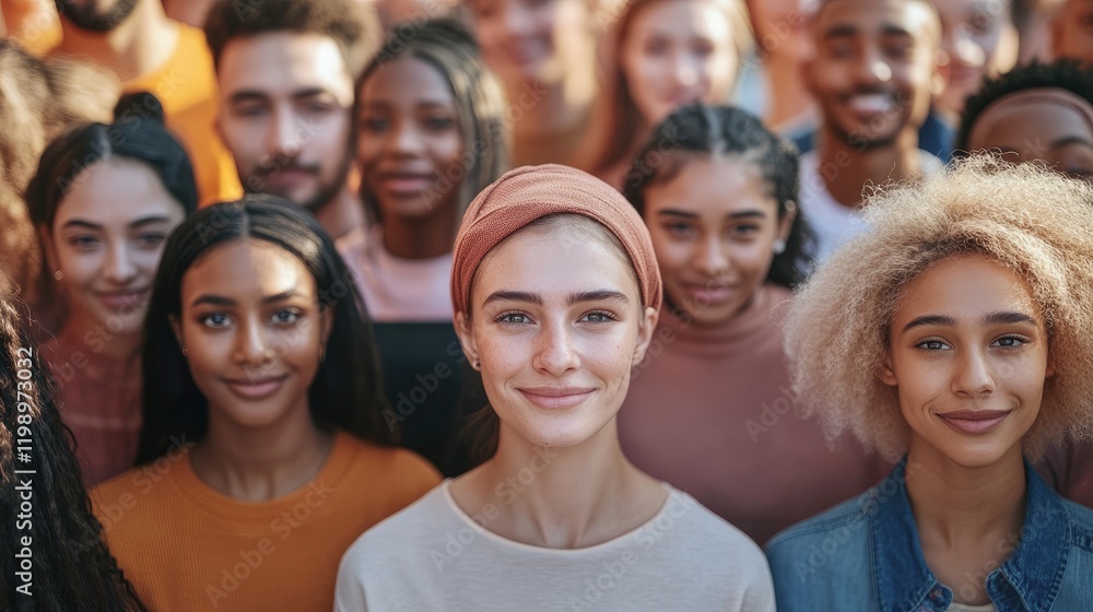 Elevated view of a diverse crowd focusing on heads and shoulders with blank space Elevated view of a diverse crowd focusing on heads and shoulders with blank space