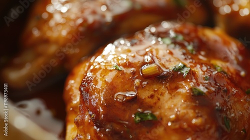 Marinated Chicken Thigh Close Up in Glazy Brown Sauce on a Rustic Wooden Table with Copy Space for Text in a Warm Kitchen Environment photo