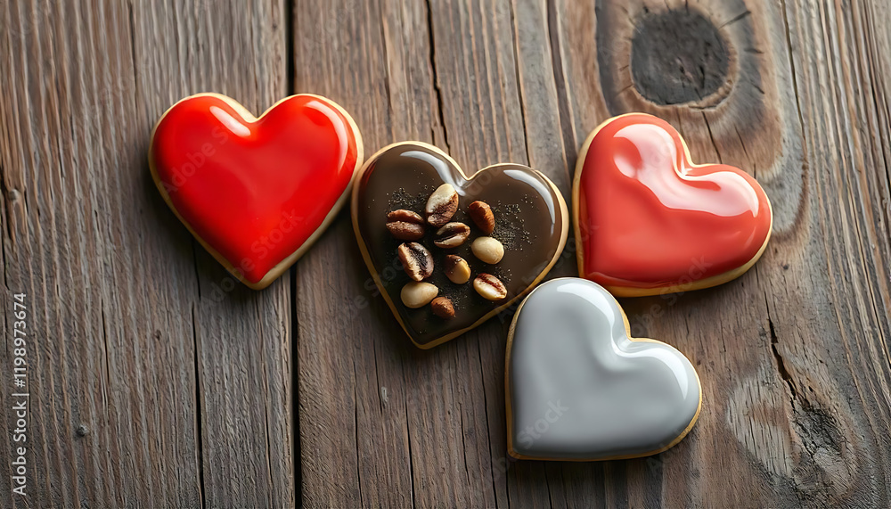 Fototapeta premium Three heart-shaped cookies on a rustic wooden background, Happy Valentine's Day, Valentine's Day Cookies, Valentine's Day concept, love, 14th February, affection, generative ai