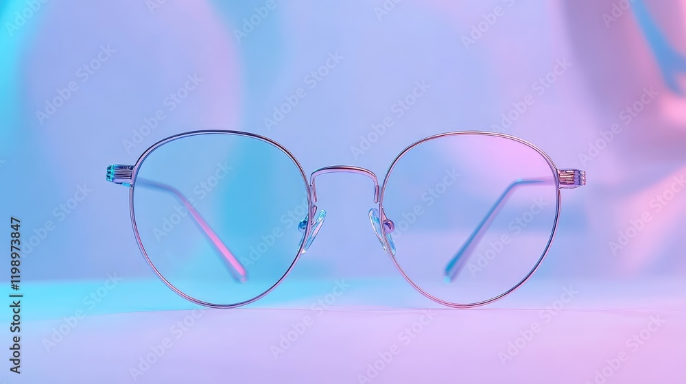 Close up shot of self cleaning eyeglasses in pink and blue hues on a clear background with ample copy space for branding or text Close up shot of self cleaning eyeglasses in pink and blue hues on a clear background with ample copy space for branding or text