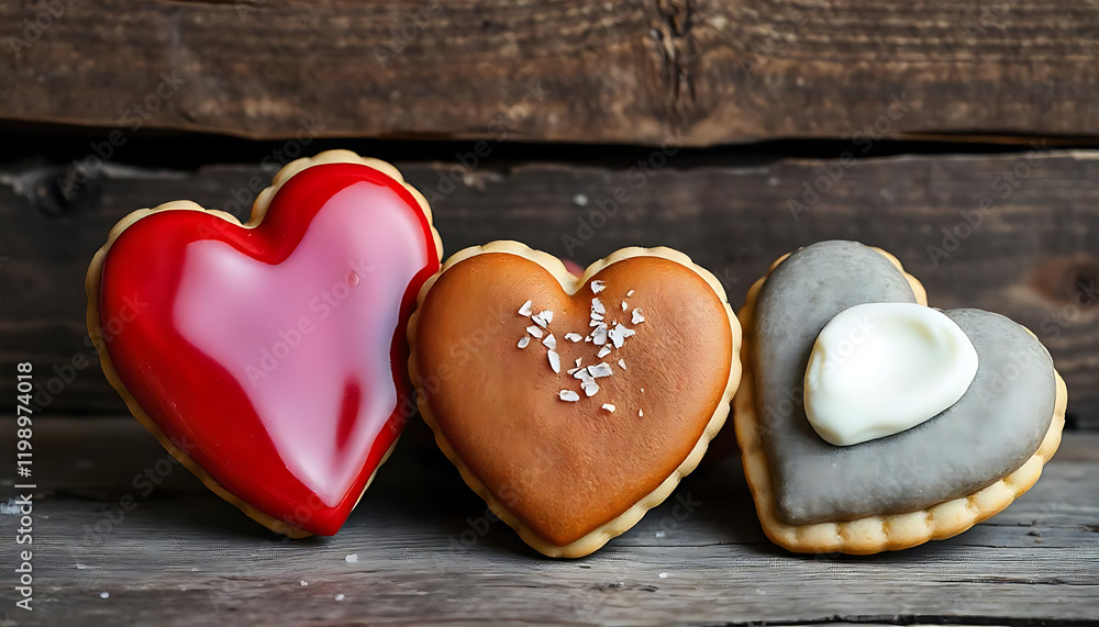 Obraz premium Three heart-shaped cookies on a rustic wooden background, Happy Valentine's Day, Valentine's Day Cookies, Valentine's Day concept, love, 14th February, affection, generative ai