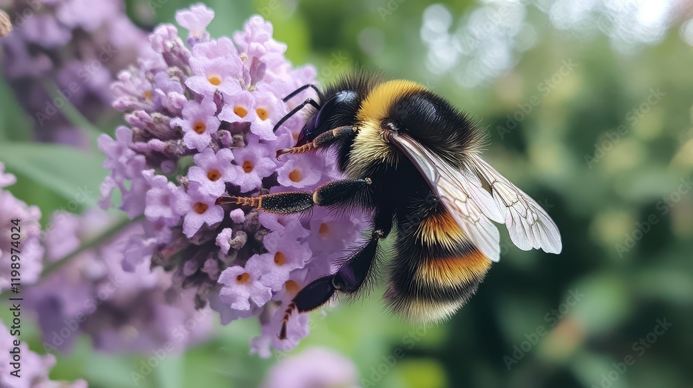 Close up of a bumblebee gathering nectar from vibrant purple blossoms with green bush background and clear space for text, nature concept. Close up of a bumblebee gathering nectar from vibrant purple blossoms with green bush background and clear space for text, nature concept.