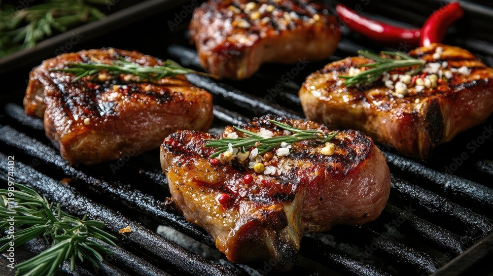 Grilled meats on barbecue grill with rosemary, red chili, and black char marks, close-up view for food advertisement or summer cooking themes Grilled meats on barbecue grill with rosemary, red chili, and black char marks, close-up view for food advertisement or summer cooking themes