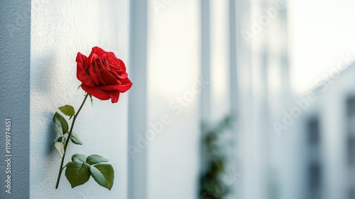 Detailed Close-Up of a Red Rose Attached to a Light Wall with Blank Space for Text photo