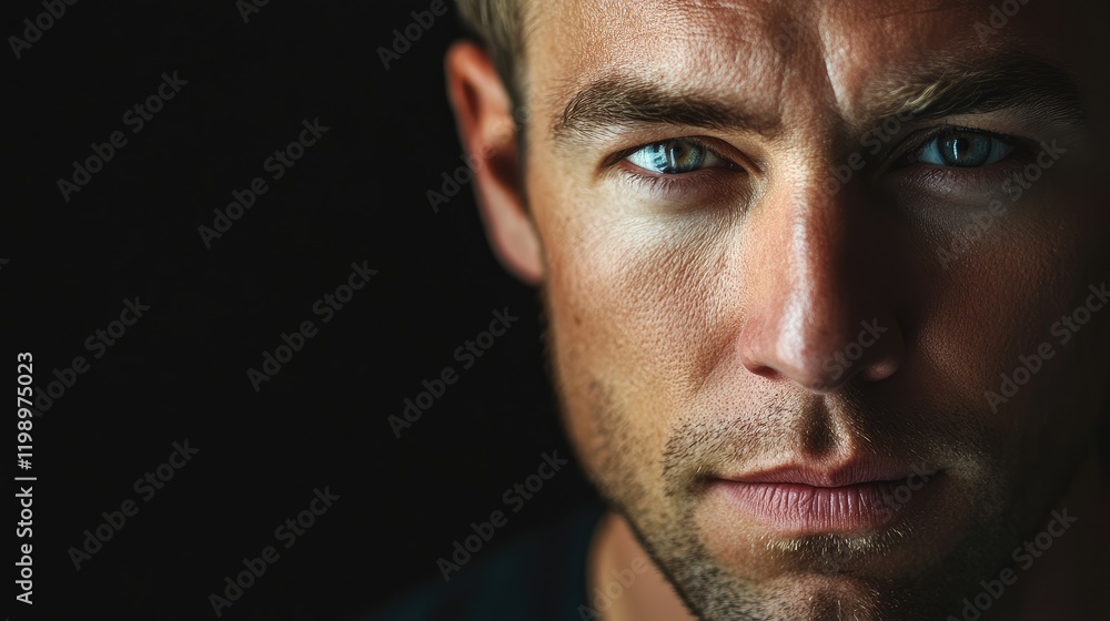 Close up portrait of a striking man with blue eyes in dramatic shadows on a dark background featuring ample empty copy space for text. Close up portrait of a striking man with blue eyes in dramatic shadows on a dark background featuring ample empty copy space for text.