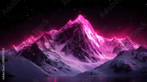 Pink mountain peak, starry night, lake, fantasy art, wallpaper photo