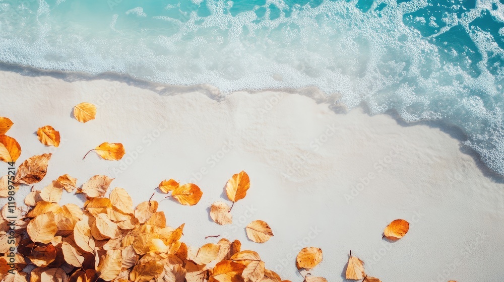 Naklejka premium Golden Autumn Leaves on Sandy Beach with Turquoise Waves and Clear Sky Perfect for Text Space in a Scenic Coastal Setting
