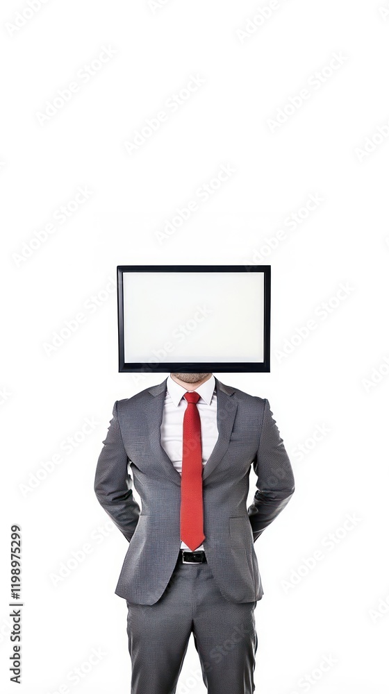 Businessman with mass media on his head standing before an empty screen on a white background symbolizing control and societal influence, Mass media influence concept Businessman with mass media on his head standing before an empty screen on a white background symbolizing control and societal influence, Mass media influence concept