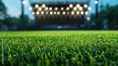 Close up of vibrant green grass on football field with blurred concert stage lights in background and empty space for text above grass