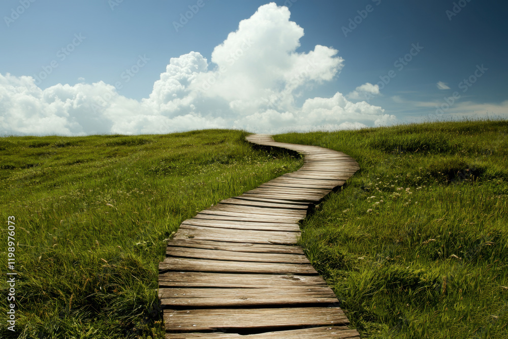 Fototapeta premium Wooden path lush green meadow blue sky