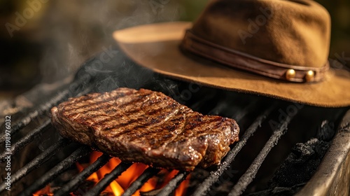 Grilled steak on charcoal smoker with brown hat, close-up, empty text space. photo