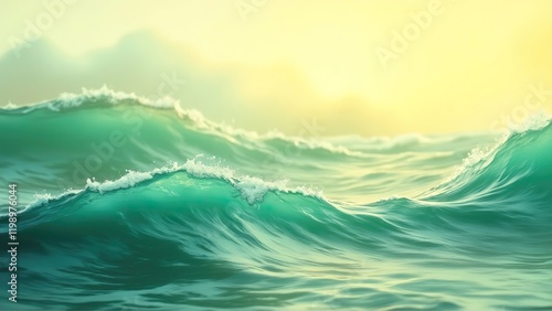 Abstract Waves: A Symphony of Sunlight and Surf in 8K Ultra High-Definition with Yellow-to-Teal Gradients.