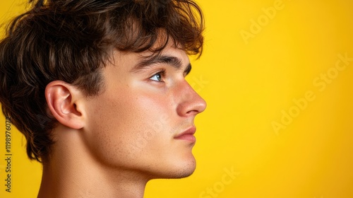 Young man side profile headshot on vibrant yellow background with ample copy space for text emphasizing facial features and expression. photo