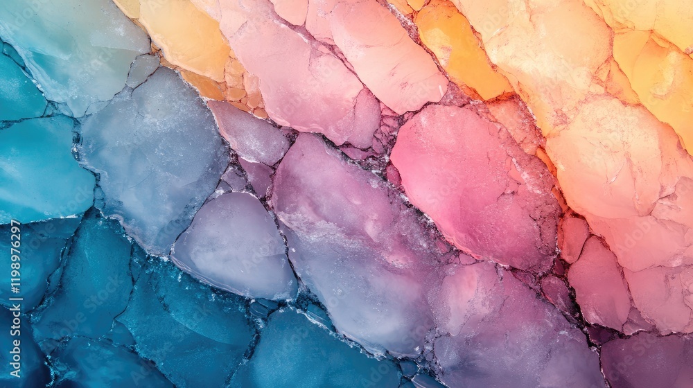 Fototapeta premium Vivid close-up of a colorful glacier featuring intricate fractures in shades of blue, pink, and orange, ideal for text overlay in nature or travel themes.