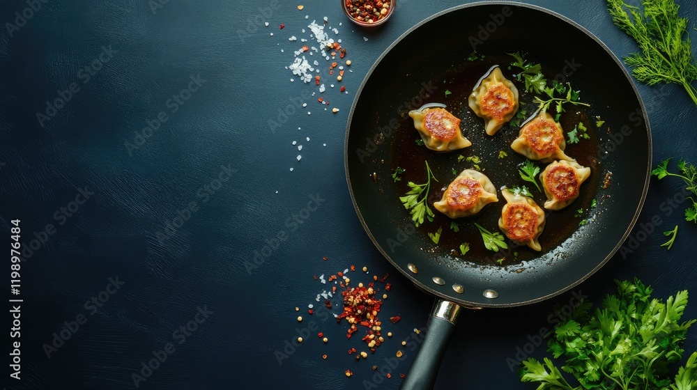 Fried dumplings with herbs and soy sauce in a black skillet on a dark blue background with colorful spices and fresh greenery for culinary presentation Fried dumplings with herbs and soy sauce in a black skillet on a dark blue background with colorful spices and fresh greenery for culinary presentation