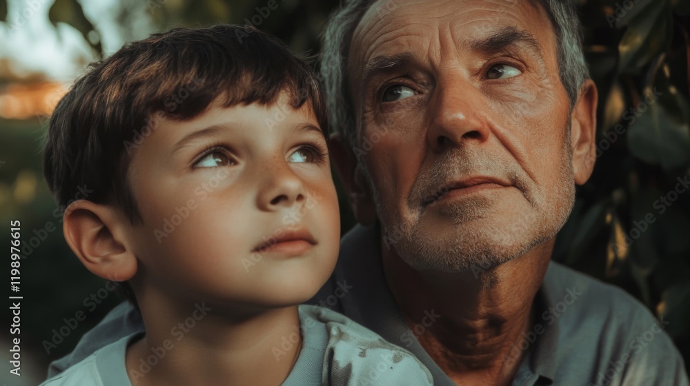 A Grandfather and Grandson Share a Moment of Quiet Reflection in Nature A Grandfather and Grandson Share a Moment of Quiet Reflection in Nature