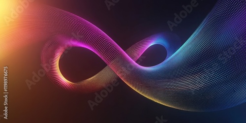 Futuristic glowing rainbow lines swirling in a circular motion, forming the infinity symbol with soft edges, set on a sleek dark gradient background