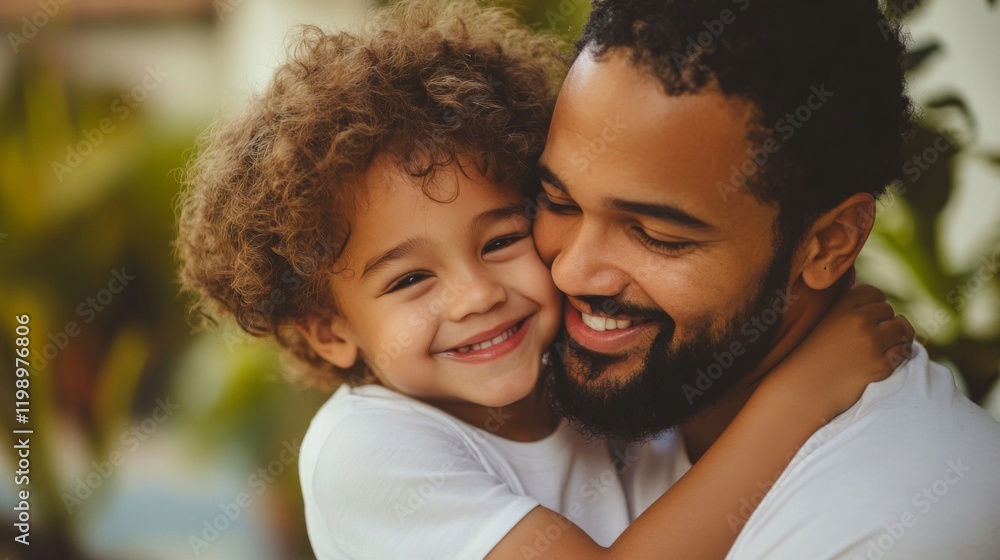 Happy father and child embracing outdoors Happy father and child embracing outdoors