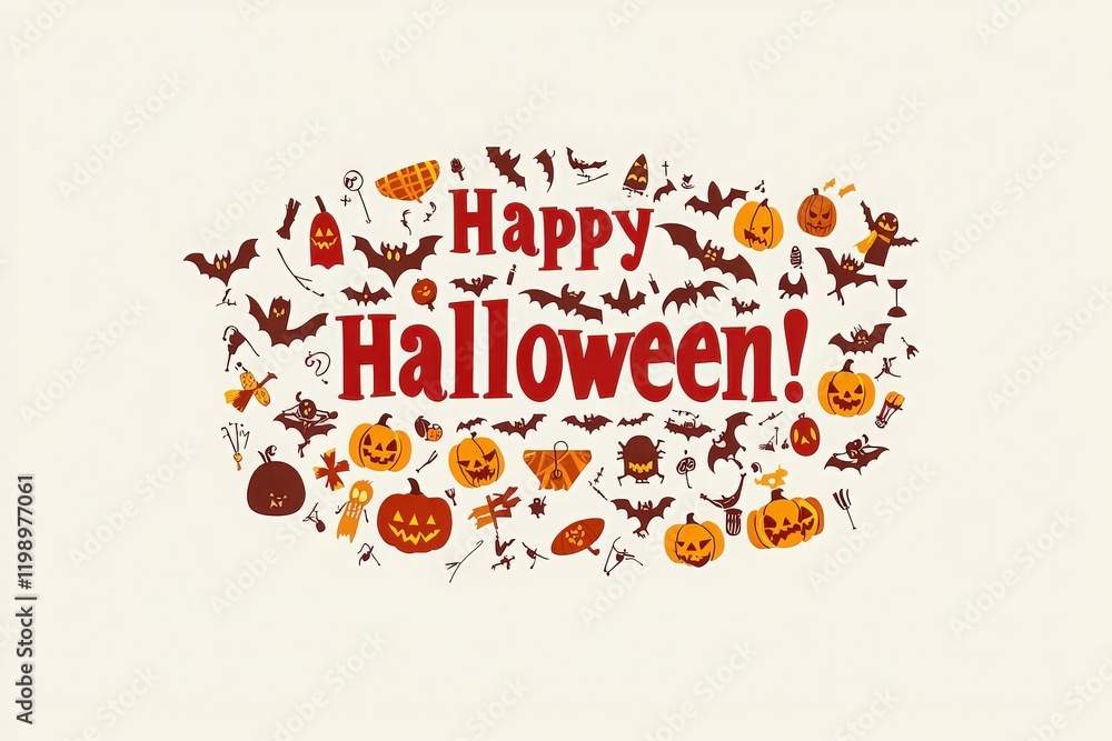 Colorful design features the phrase Happy Halloween! surrounded by playful pumpkins, bats, and various spooky icons. This festive arrangement captures the spirit of Halloween fun and celebration. Colorful design features the phrase Happy Halloween! surrounded by playful pumpkins, bats, and various spooky icons. This festive arrangement captures the spirit of Halloween fun and celebration.