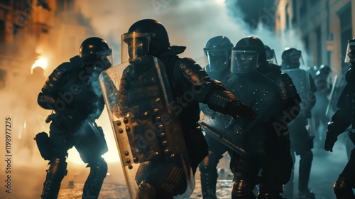 Riot police in action during a tense urban protest, equipped with shields and helmets, moving through smoke and dramatic lighting at night